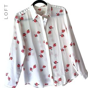 NWT | LOFT WHITE FLORAL BUTTON FRONT LONG SLEEVE BLOUSE TOP SEMI SHEER | MEDIUM